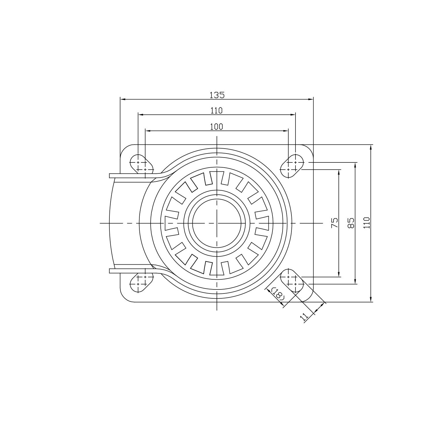 sketch Swivel castor 160 mm, rubber-tyre, total stop brak