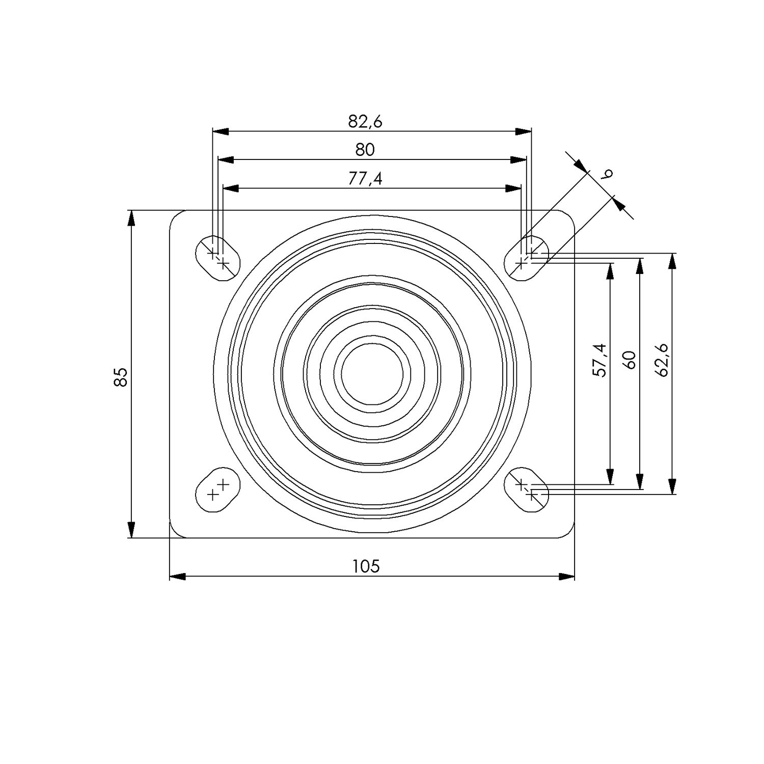 skiss Återfjädrande länkhjul 100 mm, PA6-hjul 