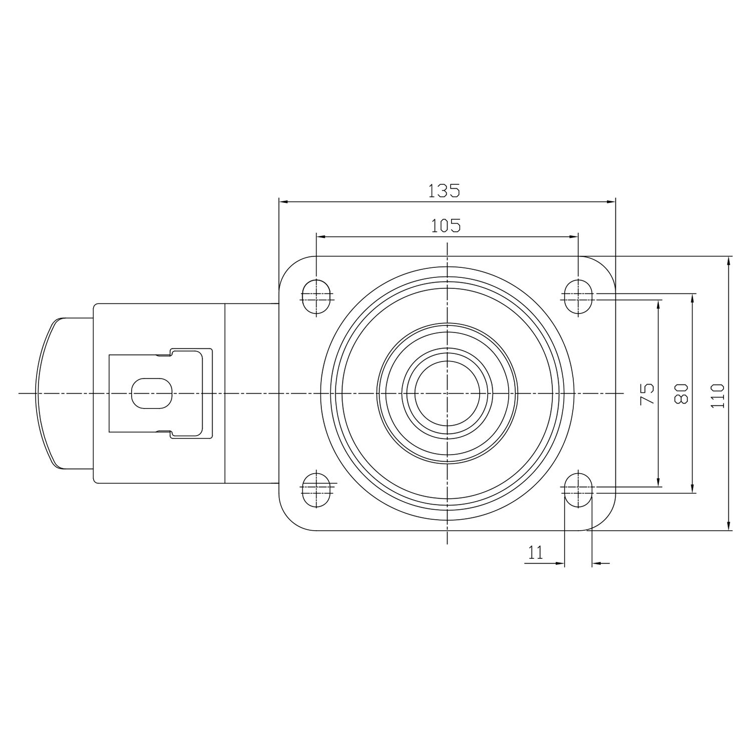 sketch Braked castor 160 mm, total stop brake, elastic ru