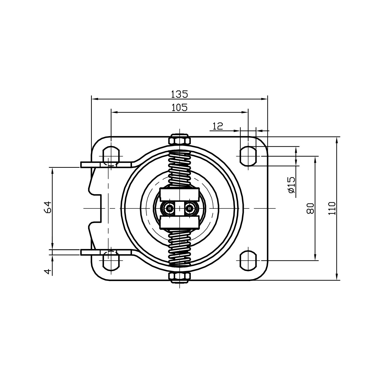 skiss Återfjädrande länkhjul 125 mm, gjutjärns-hjul